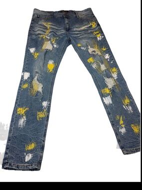 Switch Remarkable Mens Distressed Yellow Stitch Paint Slim Taper Fit Jeans 40x32